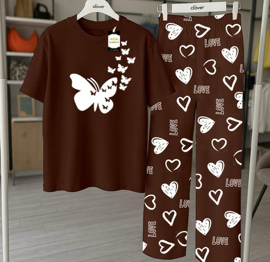Brown Printed Nightwear Set With Love Heart Printed Trousers โ Women's Lounge Wear