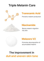Triple Melanin Care with molecular structure, powder, and pill on a white background.