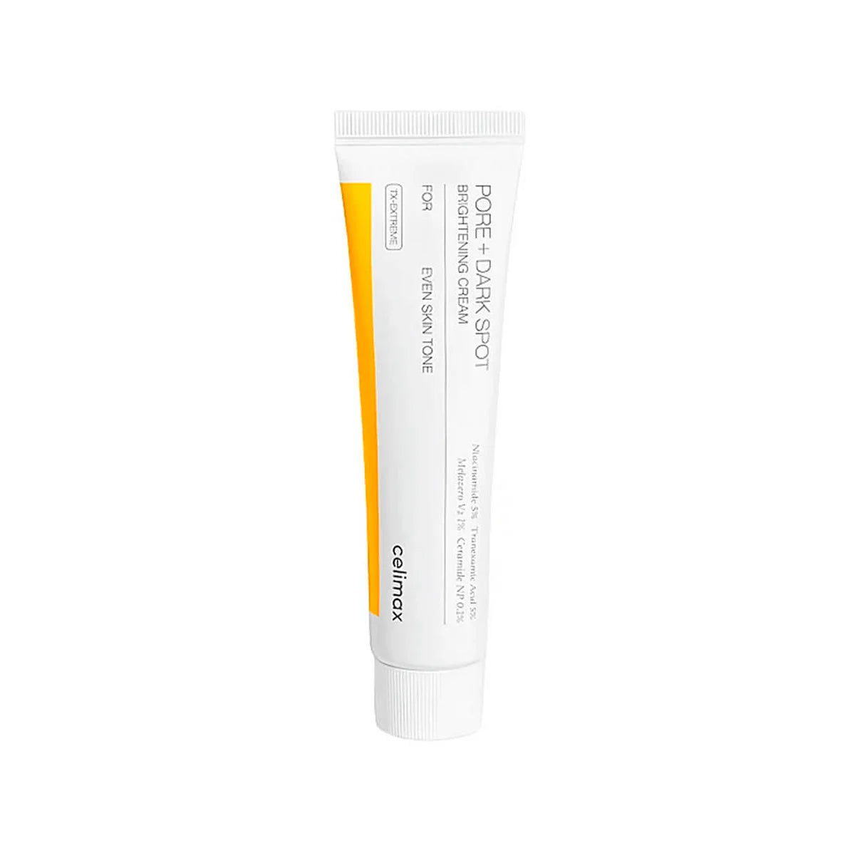 Tube of Pore + Dark Spot Brightening Cream on a white background