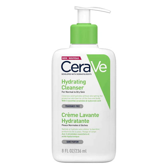 CeraVe Hydrating Cleanser for normal to dry skin, 236 ml, fragrance-free, with essential ceramides and hyaluronic acid, pump bottle