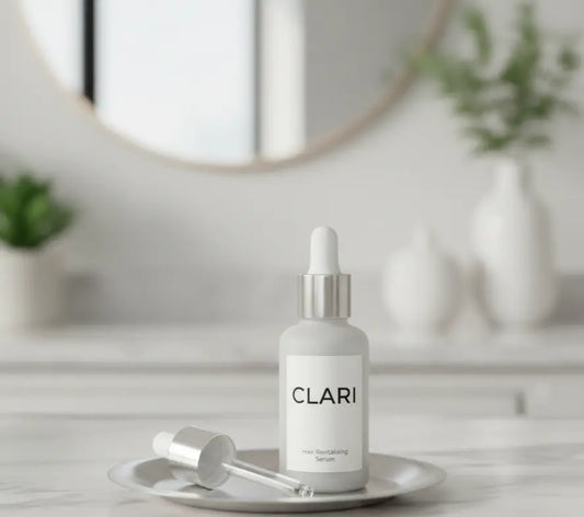 A clean, minimal bottle labeled “CLARI – Hair Revitalizing Serum,” designed to highlight simplicity, purity, and premium hair care.