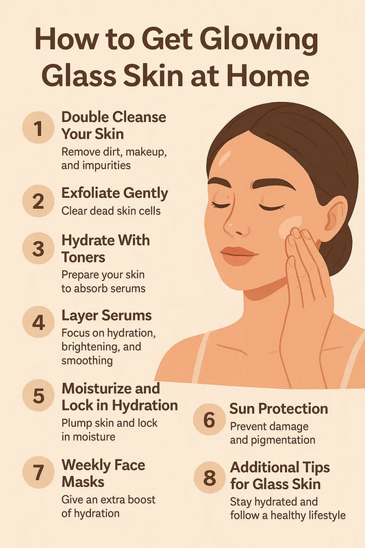 Infographic titled “How to Get Glowing Glass Skin at Home” showing a woman gently applying skincare to her cheek.
