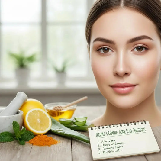 Woman with clear skin beside natural acne-scar remedies like aloe vera, lemon, honey, and turmeric, with a note listing herbal solutions.