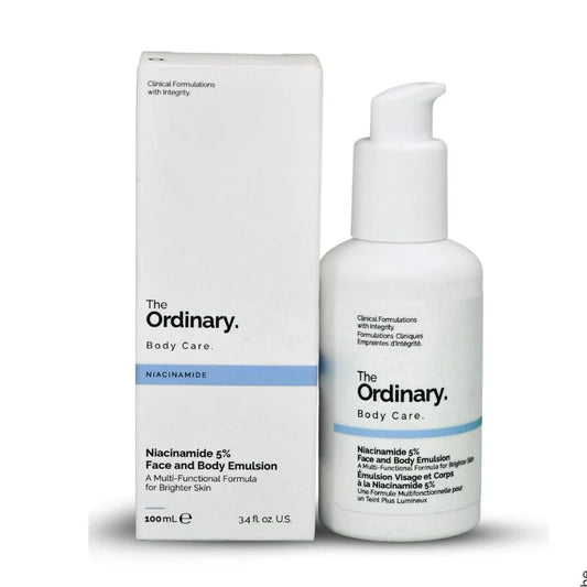 The Ordinary Niacinamide 5% Face and Body Emulsion bottle with box packaging, designed for brighter and smoother skin.