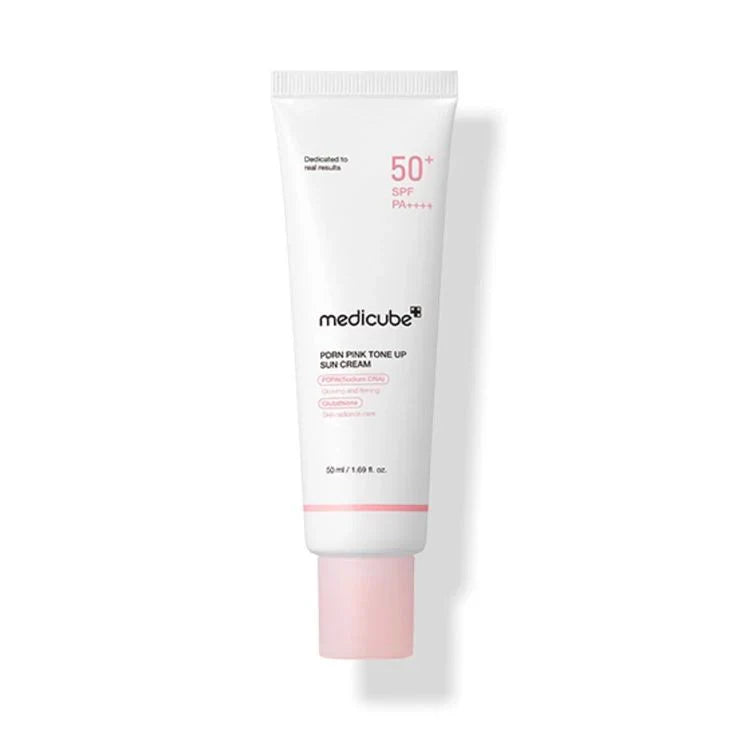 Medicube Pore Pink Tone Up Sun Cream SPF 50+ PA++++ in a white tube with pink cap, 50 ml