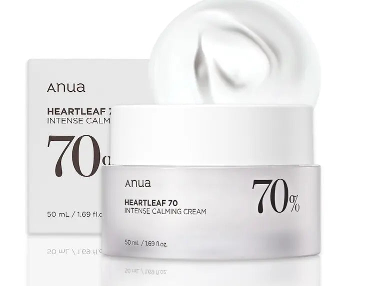 Anua Heartleaf 70 percent Intense Calming Cream in white jar with product texture and packaging displayed for soothing and hydrating skin