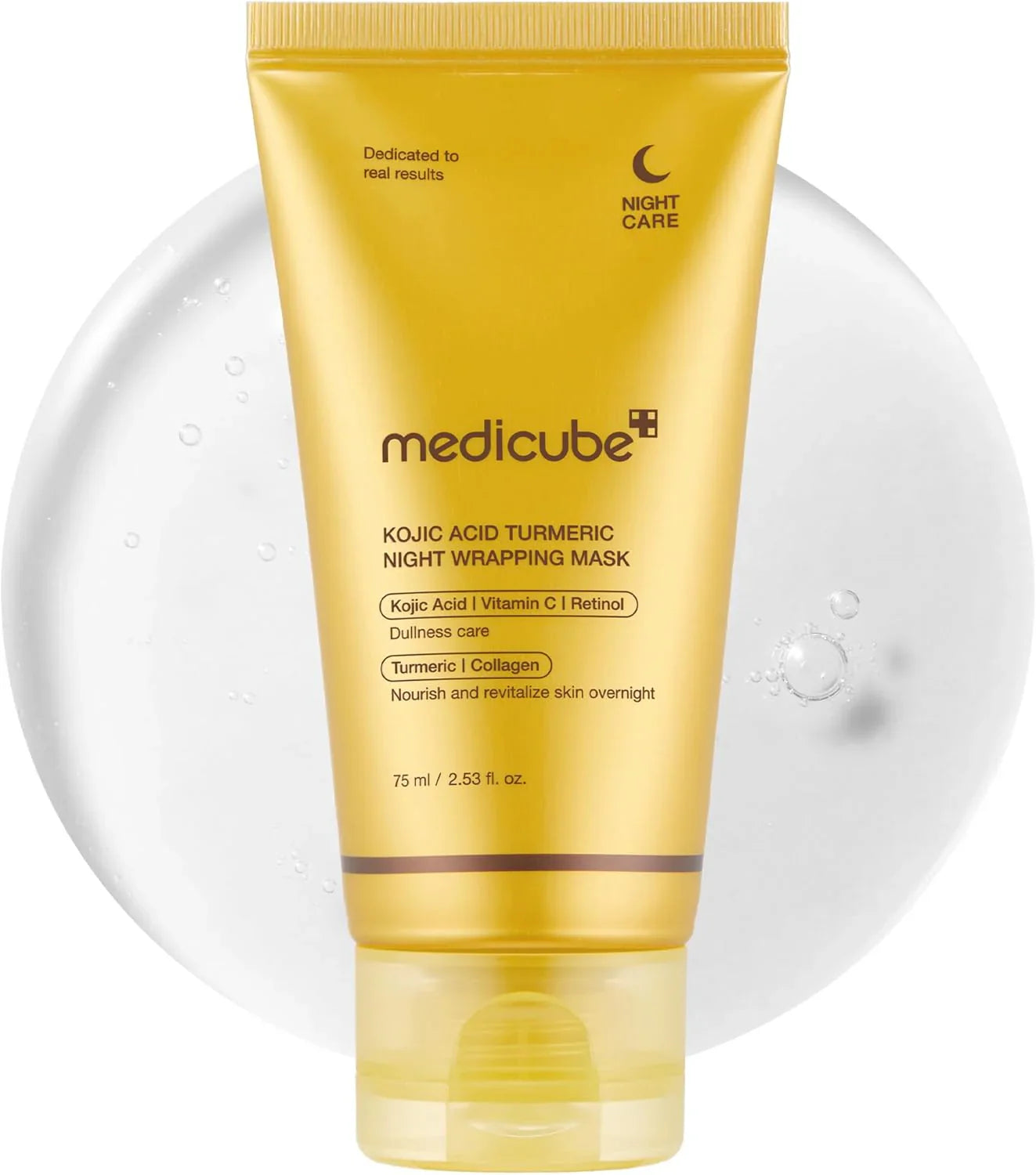 Medicube Kojic Acid Turmeric Night Wrapping Mask in a golden tube, 75ml, shown against a clean white background.