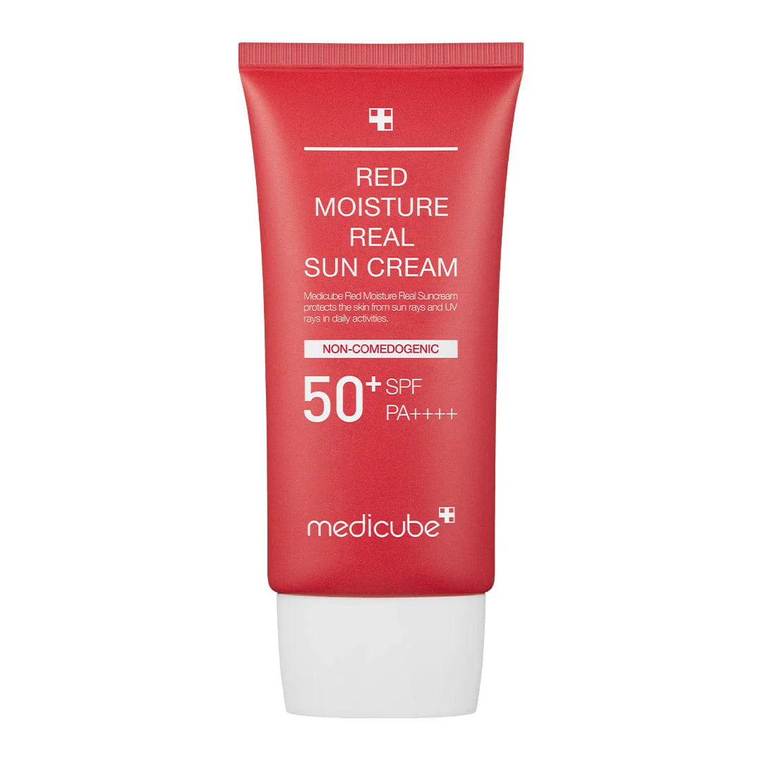 Medicube Red Moisture Real Sun Cream SPF 50+ PA++++ in a red tube, non-comedogenic sunscreen for daily UV protection