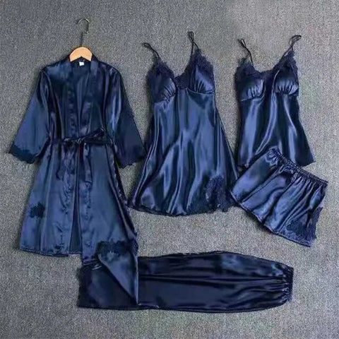 Sajiero Women's Royal Bridal Night Gown Set, Silk, Blue, OS1676DB, 5-Pieces