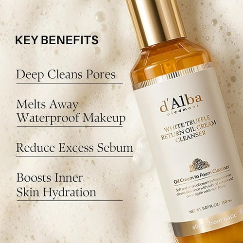 D'alba Piedmont Italian White Truffle Return Oil Cream Cleanser, Vegan Cleanser, Easy One Step Cleanser, Sebum And Makeup Removal, Suitable For Sensitive Skin (150ml)