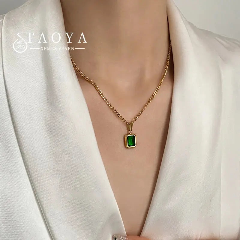 Necklace - European and American Gold Colour Stainless steel Chain Green Square Necklace Fashion Luxury Jewelry For Women's Clavicle Chain Clari