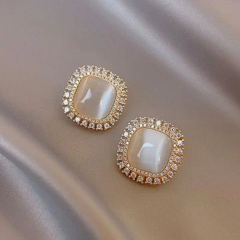 KOREAN - LUXURY SQUARE OPAL STUD EARRINGS - EXQUISITE ZIRCON GEOMETRIC Clari