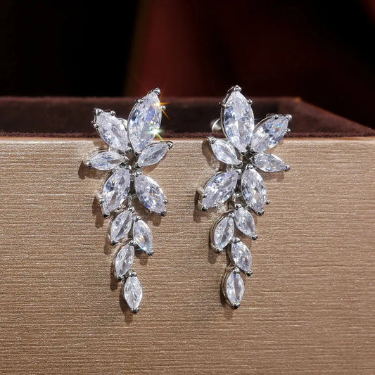 HUITAN LUXURY AAA MARQUISE ZIRCON WOMEN WEDDING EARRING - GORGEOUS LEAF SHAPE CHARM  - TOP QUALITY SILVER COLOR Clari