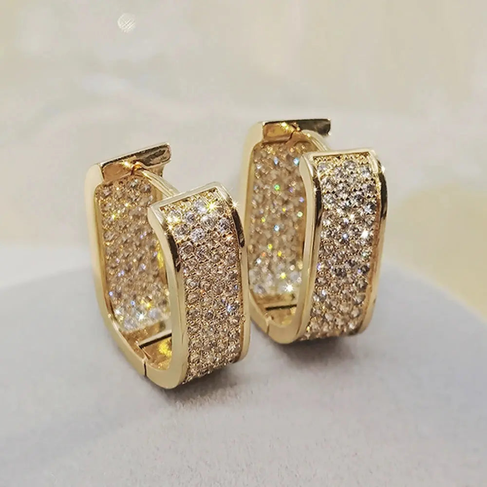 CONTRACTED DESIGN U HOOP METAL EARRINGS - FULL PAVED SHINY CZ STONE DAILY WEAR EXQUISITE Clari