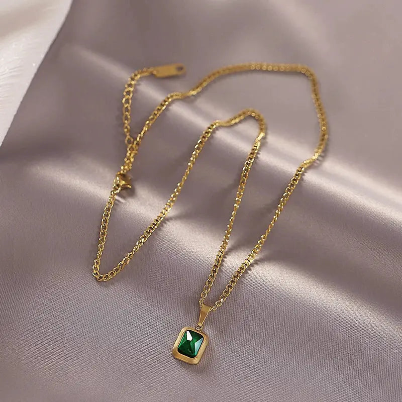 Necklace - European and American Gold Colour Stainless steel Chain Green Square Necklace Fashion Luxury Jewelry For Women's Clavicle Chain Clari