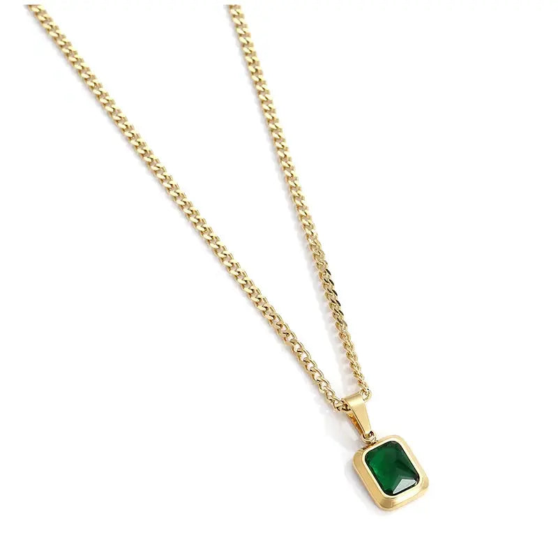 Necklace - European and American Gold Colour Stainless steel Chain Green Square Necklace Fashion Luxury Jewelry For Women's Clavicle Chain Clari