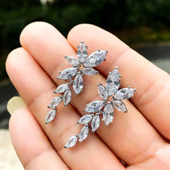 HUITAN LUXURY AAA MARQUISE ZIRCON WOMEN WEDDING EARRING - GORGEOUS LEAF SHAPE CHARM  - TOP QUALITY SILVER COLOR Clari