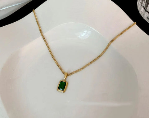 Necklace - European and American Gold Colour Stainless steel Chain Green Square Necklace Fashion Luxury Jewelry For Women's Clavicle Chain Clari