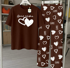 Brown Printed Nightwear Set With Love Heart Printed Trousers – Women's Lounge Wear