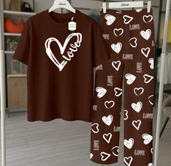 Brown Printed Nightwear Set With Love Heart Printed Trousers – Women's Lounge Wear