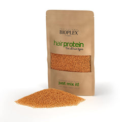 Bioplex hair protein package with brown powder on a white background
