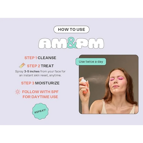 AM&PM skincare product usage guide with a woman using the product.