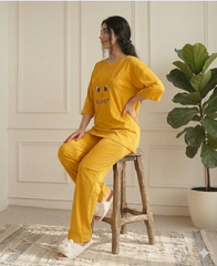 HAPPY FACE PRINTED NIGHT SUIT-YELLOW