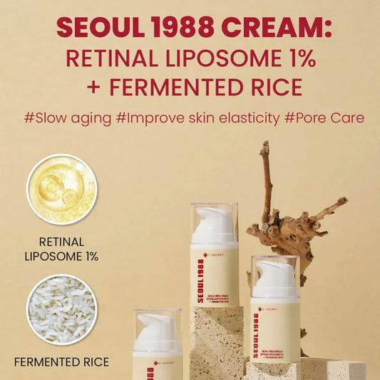 Seoul 1988 Cream with product packaging and ingredients on a beige background.