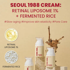 Seoul 1988 Cream with product packaging and ingredients on a beige background.