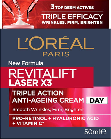 L'Oréal Paris Revitalift Laser X3, Anti-Ageing Day Cream, Firming And Brightening, With Pro-Retinol, Hyaluronic Acid And Vitamin Cg, 50ml