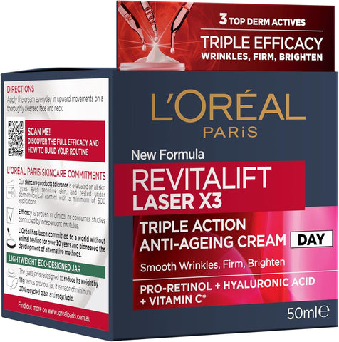 L'Oréal Paris Revitalift Laser X3, Anti-Ageing Day Cream, Firming And Brightening, With Pro-Retinol, Hyaluronic Acid And Vitamin Cg, 50ml