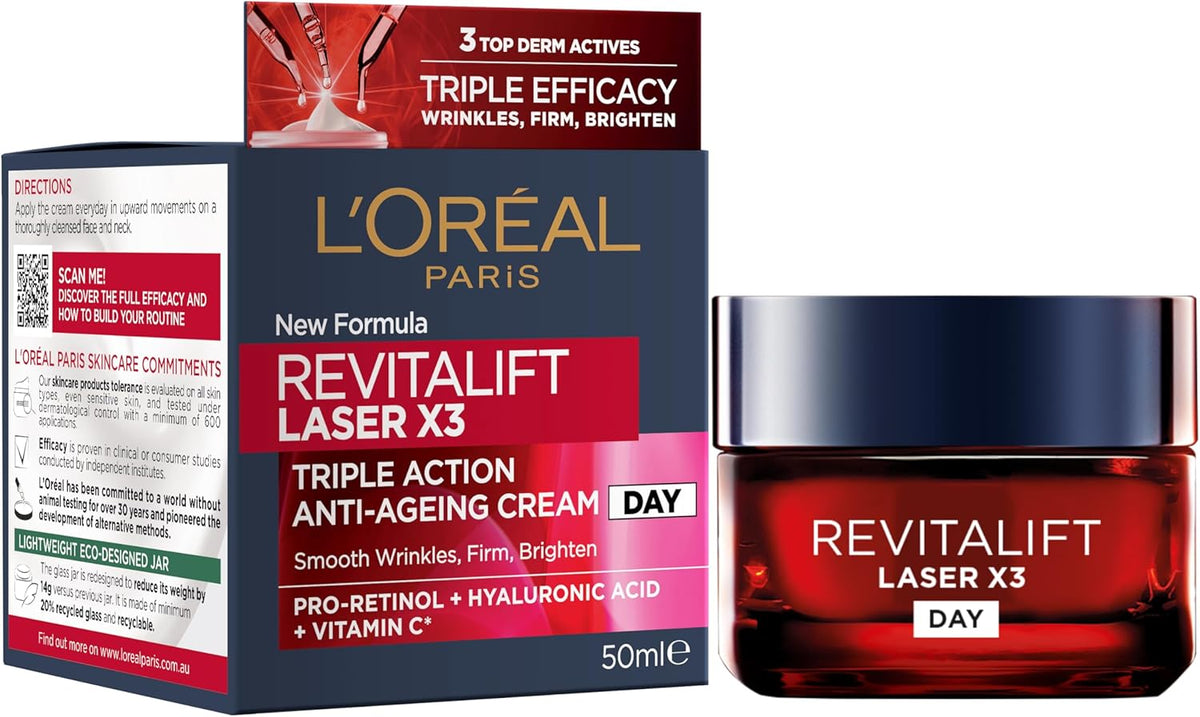 L'Oréal Paris Revitalift Laser X3, Anti-Ageing Day Cream, Firming And Brightening, With Pro-Retinol, Hyaluronic Acid And Vitamin Cg, 50ml