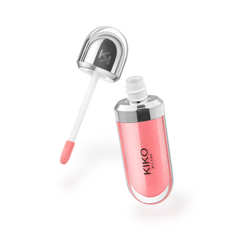 Pink lip gloss with applicator on a white background, featuring Kiko Milano branding.