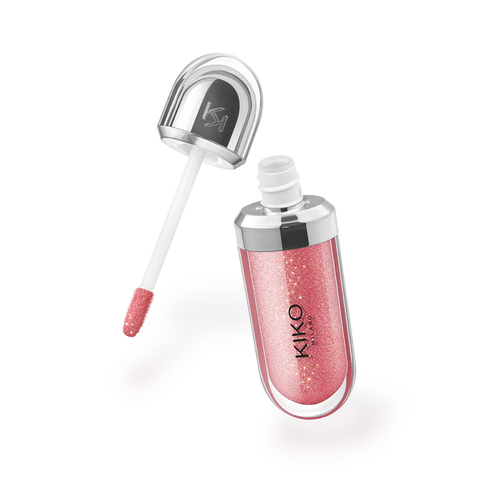 Pink lip gloss with applicator on a white background