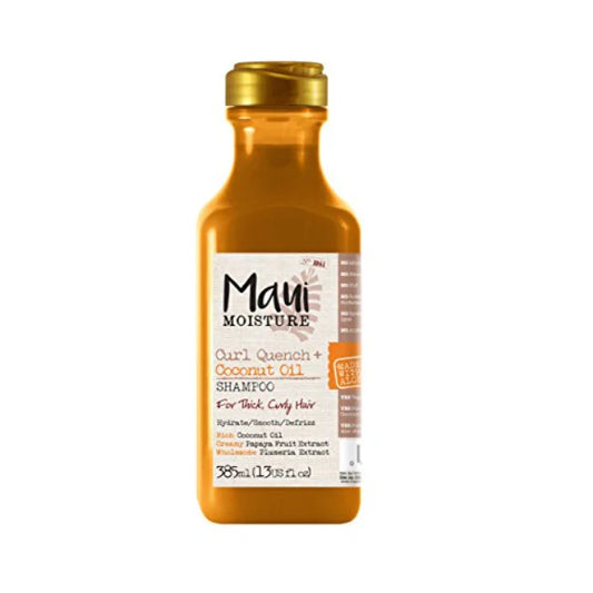 Maui Moisture Curl Quench + Coconut Oil shampoo bottle on a white background