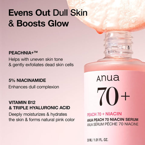 ANUA Peach 70% Niacinamide Serum brightening hydrating face serum hyperpigmentation treatment reducing melanine daily clean beauty, 29.87 Milliliters