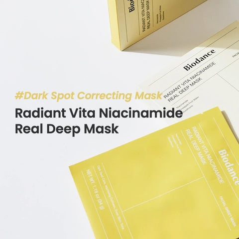 Radiant Vita Niacinamide Real Deep Mask packaging with text on a white background