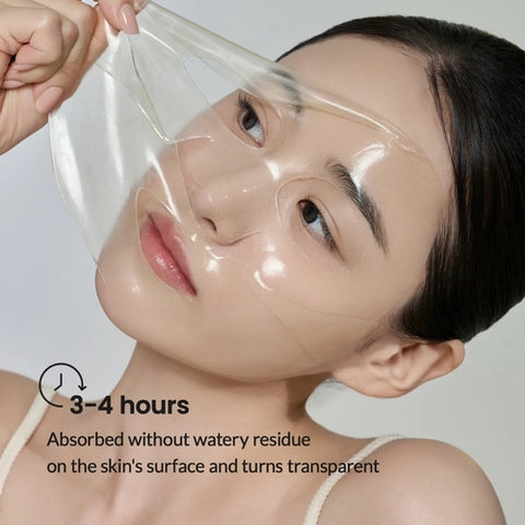 Woman applying a clear facial mask with text indicating absorption time and effects.