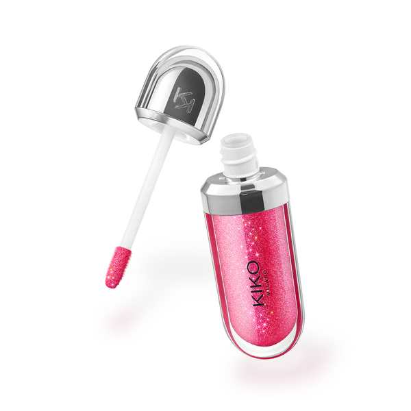 Pink lip gloss with applicator on a white background