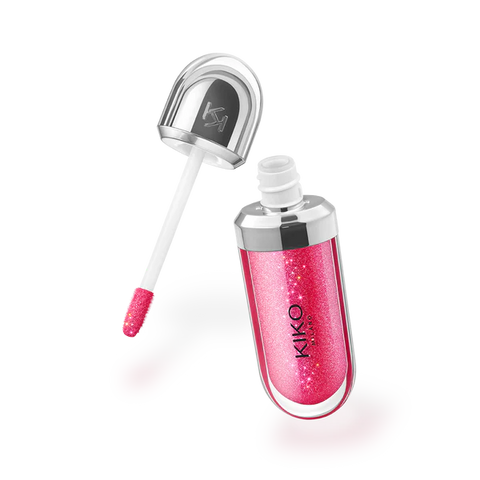 Pink lip gloss with applicator on a white background
