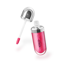 Pink lip gloss with applicator on a white background