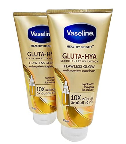 Two tubes of Vaseline Healthy Bright Gluta-Hya lotion on a white background