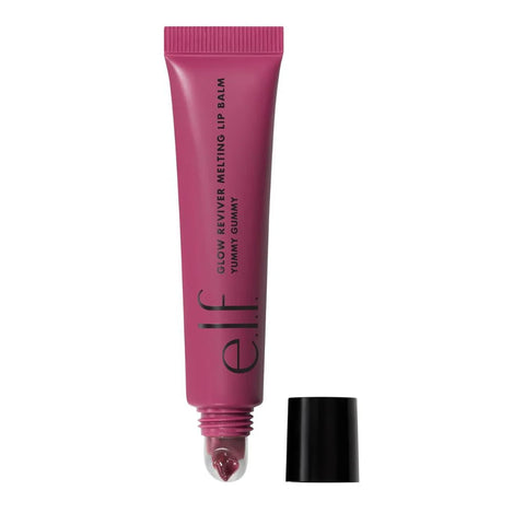 Pink lip balm tube with black text on a white background