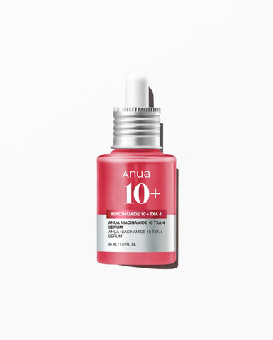 Red serum bottle with 'Anua' branding on a white background