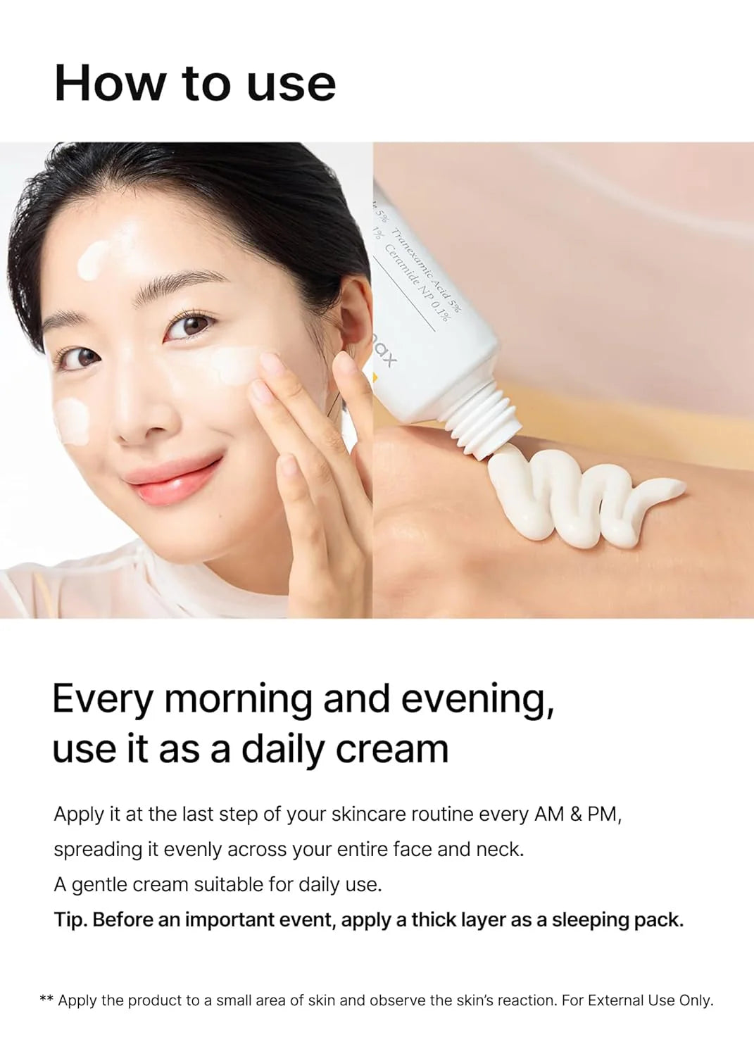 A woman applying small dots of face cream to her cheeks and forehead, with a close-up of a tube squeezing out a thick layer of white cream onto skin. The image illustrates how to use a daily skincare cream.