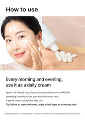A woman applying small dots of face cream to her cheeks and forehead, with a close-up of a tube squeezing out a thick layer of white cream onto skin. The image illustrates how to use a daily skincare cream.