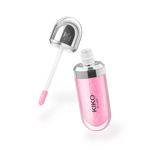 Pink lip gloss with applicator on a white background, featuring Kiko Milano branding.