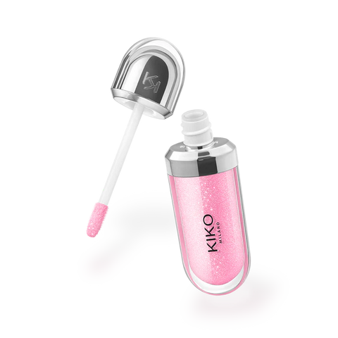 Pink lip gloss with applicator on a white background, featuring Kiko Milano branding.