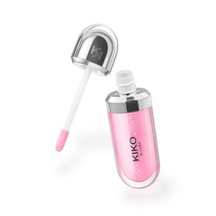 Pink lip gloss with applicator on a white background, featuring Kiko Milano branding.