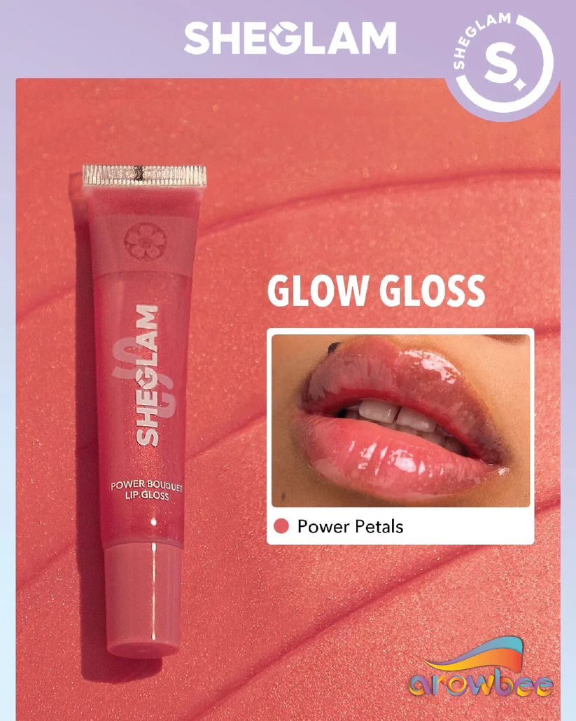 Sheglam Glow Gloss tube with a close-up of lips wearing the product on a pink background.